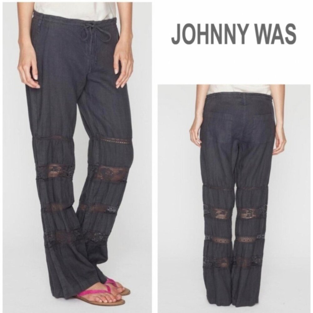 Johnny Was Women's Wide Leg Crochet Linen Pants Washed Black Boho
